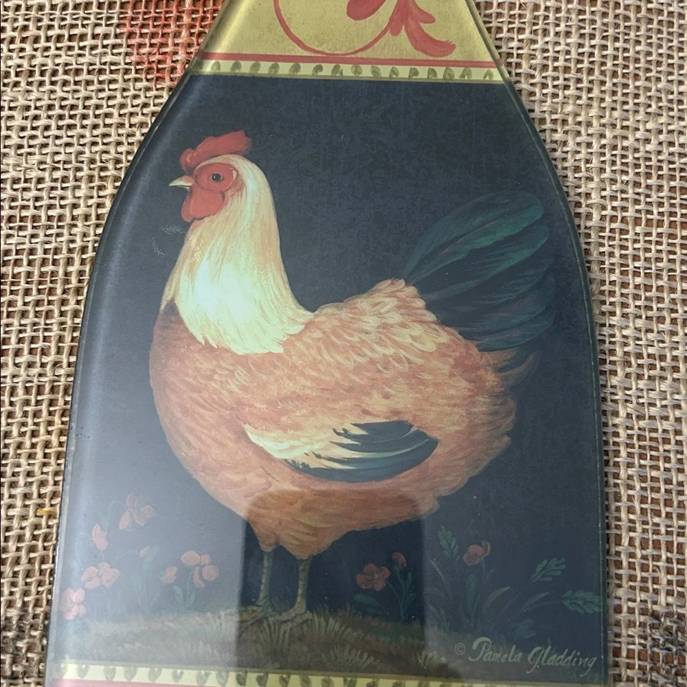Francesco Rooster Glass Cutting Board w/ Knife Cheese Bread Mat